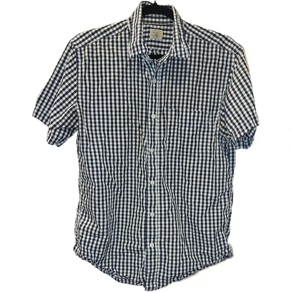 J.Crew Mens Navy Blue White Gingham Short Sleeve Button Down Shirt Size M Cotton